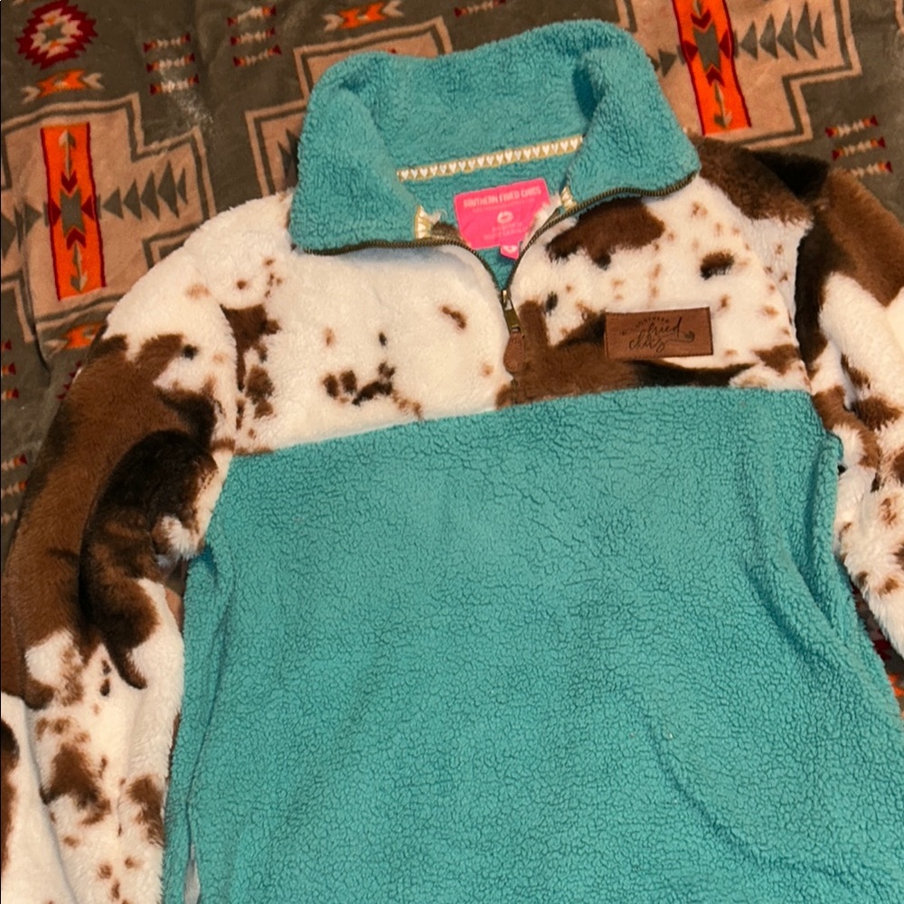 Western Turquoise and Cowhide Sherpa Pullover